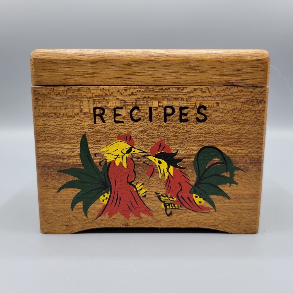 Vintage Wooden Recipe Box Hinged Lid Rooster Farmhouse Rustic Kitchen Decor
